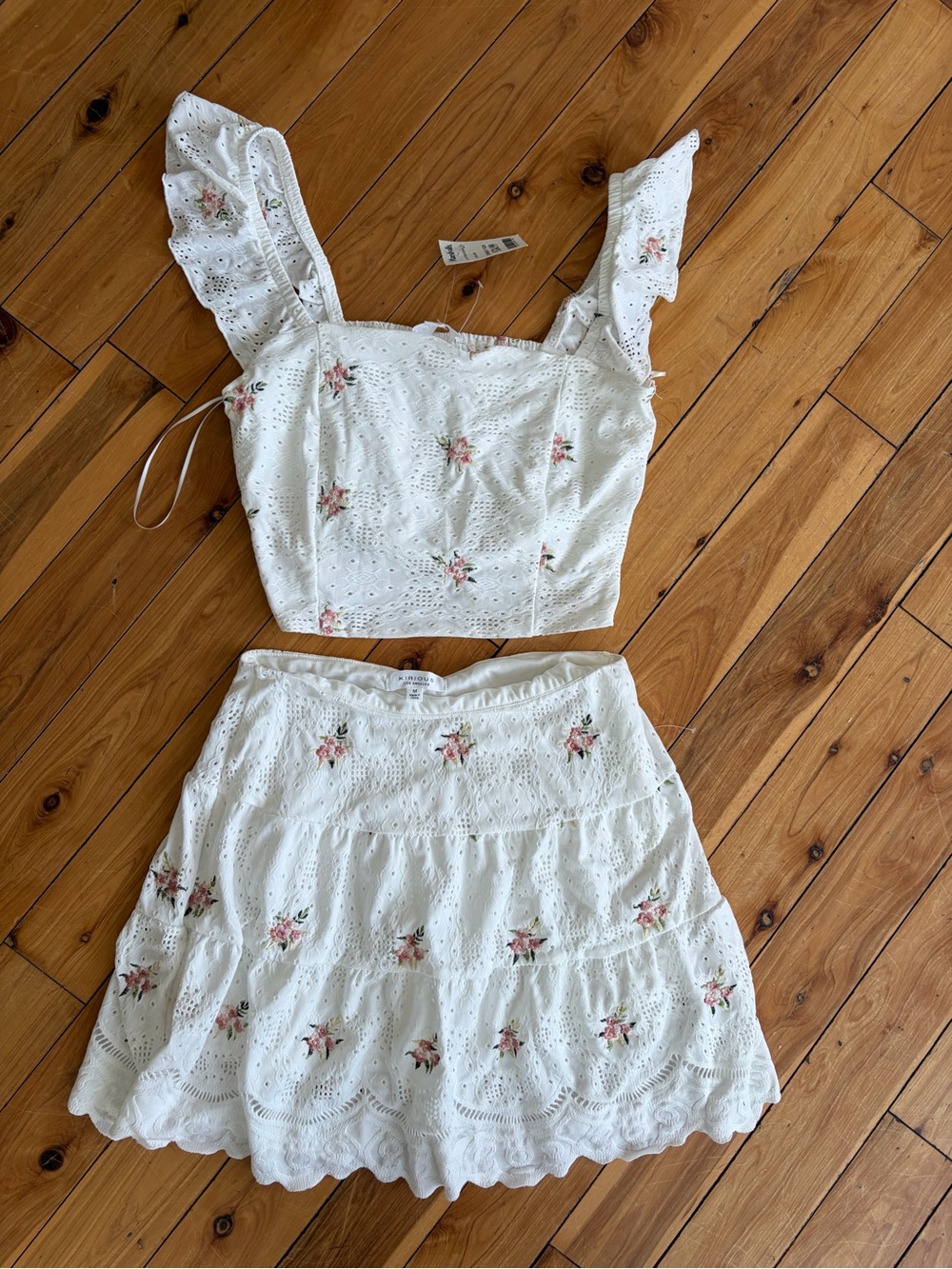 White Eyelet Skater Skirt with Pink Floral Embroidery